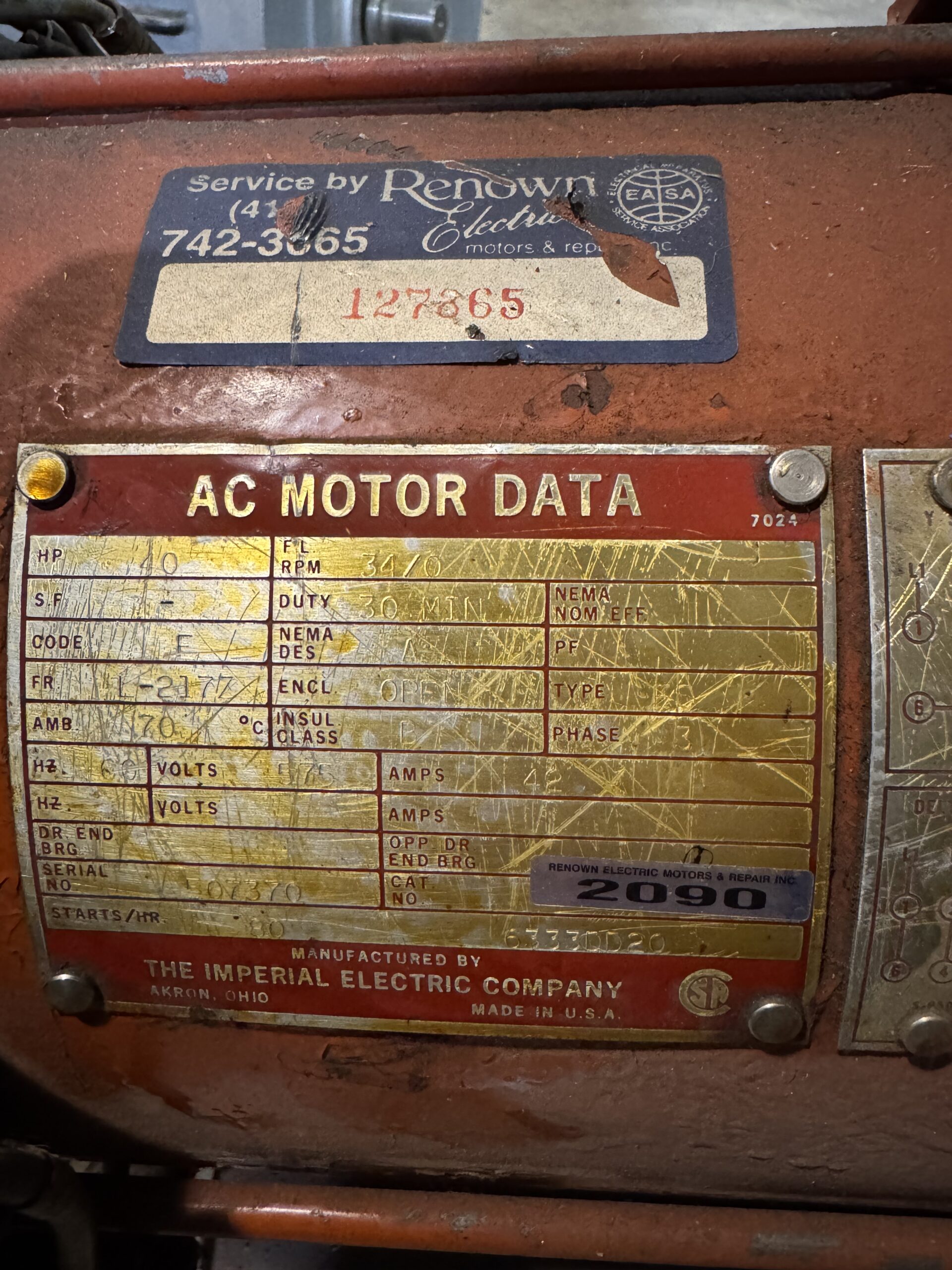 Imperial AC Hoist 40HP 3470RPM 575V 42A L-2177 #2090 - Image 4