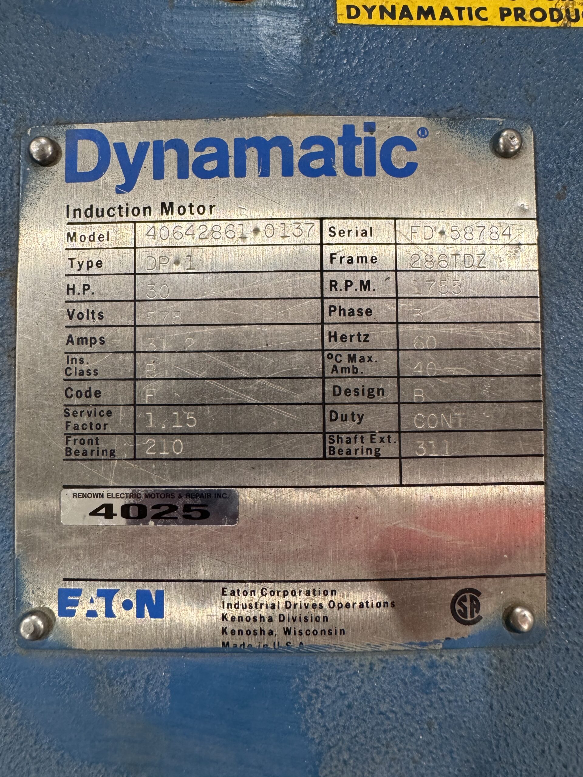 Dynamatic Induction Motor 30HP 1755RPM 575V 31.2A 286TDZ #4025 - Image 2
