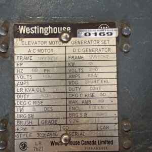 Westinghouse Elevator MG Set 25HP 15KW 1770RPM SVV8687 #0169
