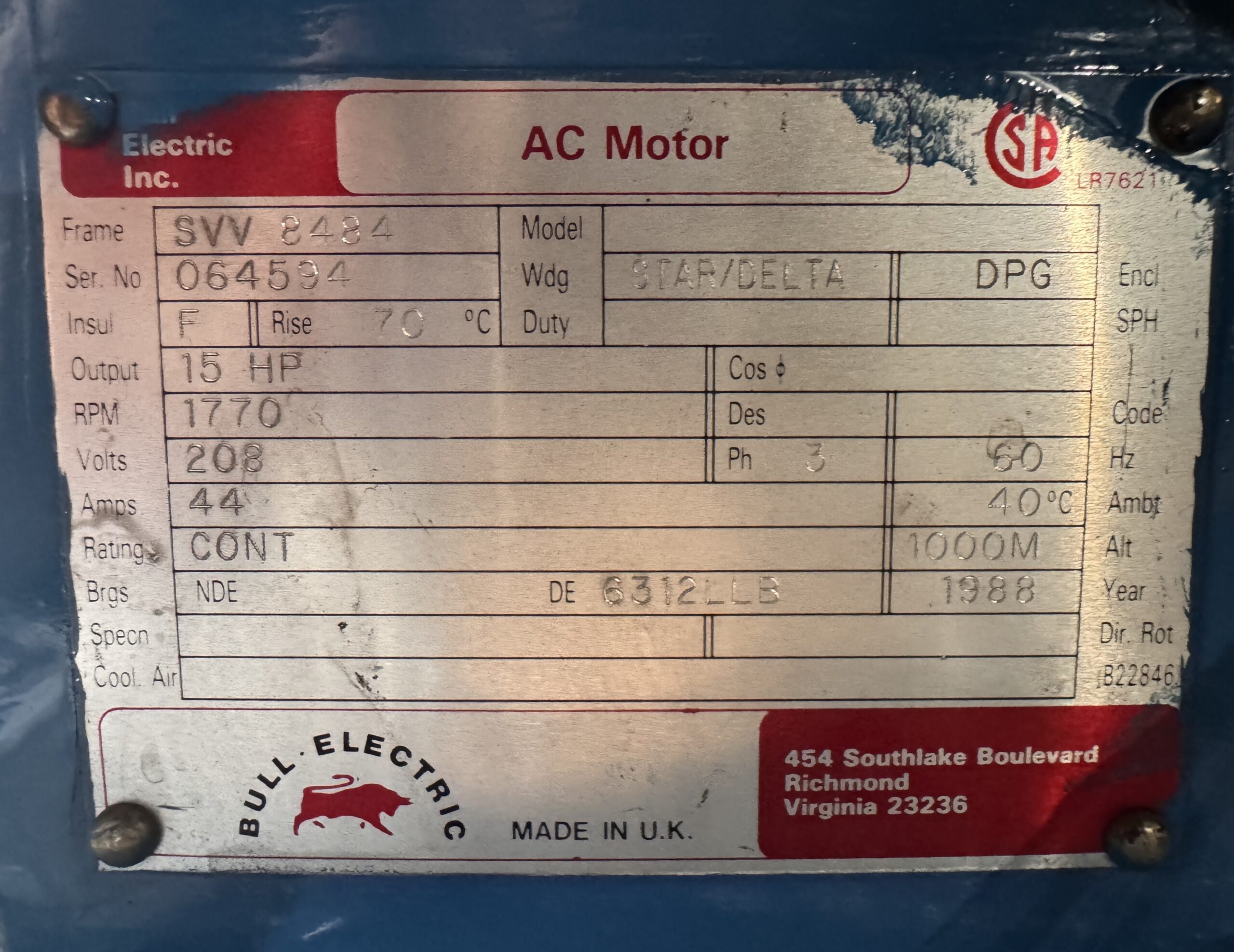 Bull MG Set 15HP 10KW 1770RPM SVV 8484 #P.O.500 - Image 2