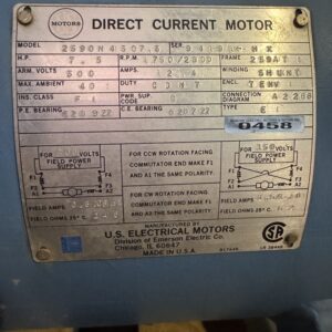 US Motors DC Motor 7.5HP 1750/2800RPM 259AT #0458