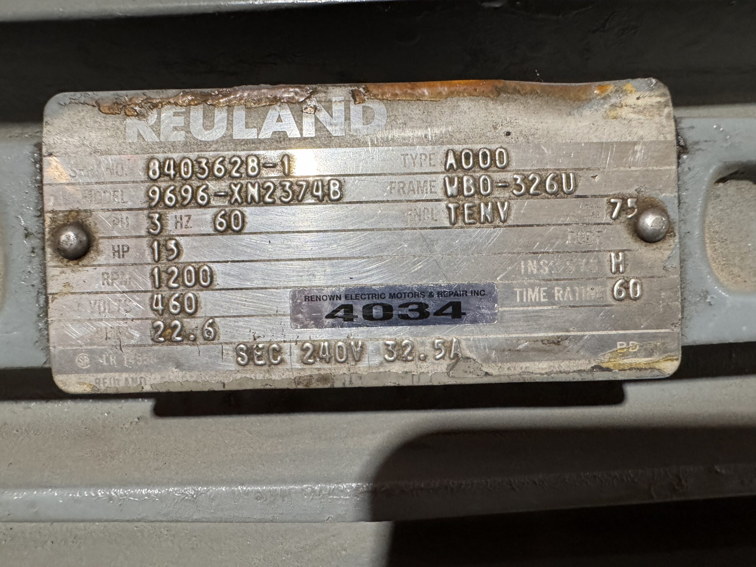 Reuland 15HP AC Industrial 1200RPM 460V 22.6A WB0-326U #4034 - Image 2