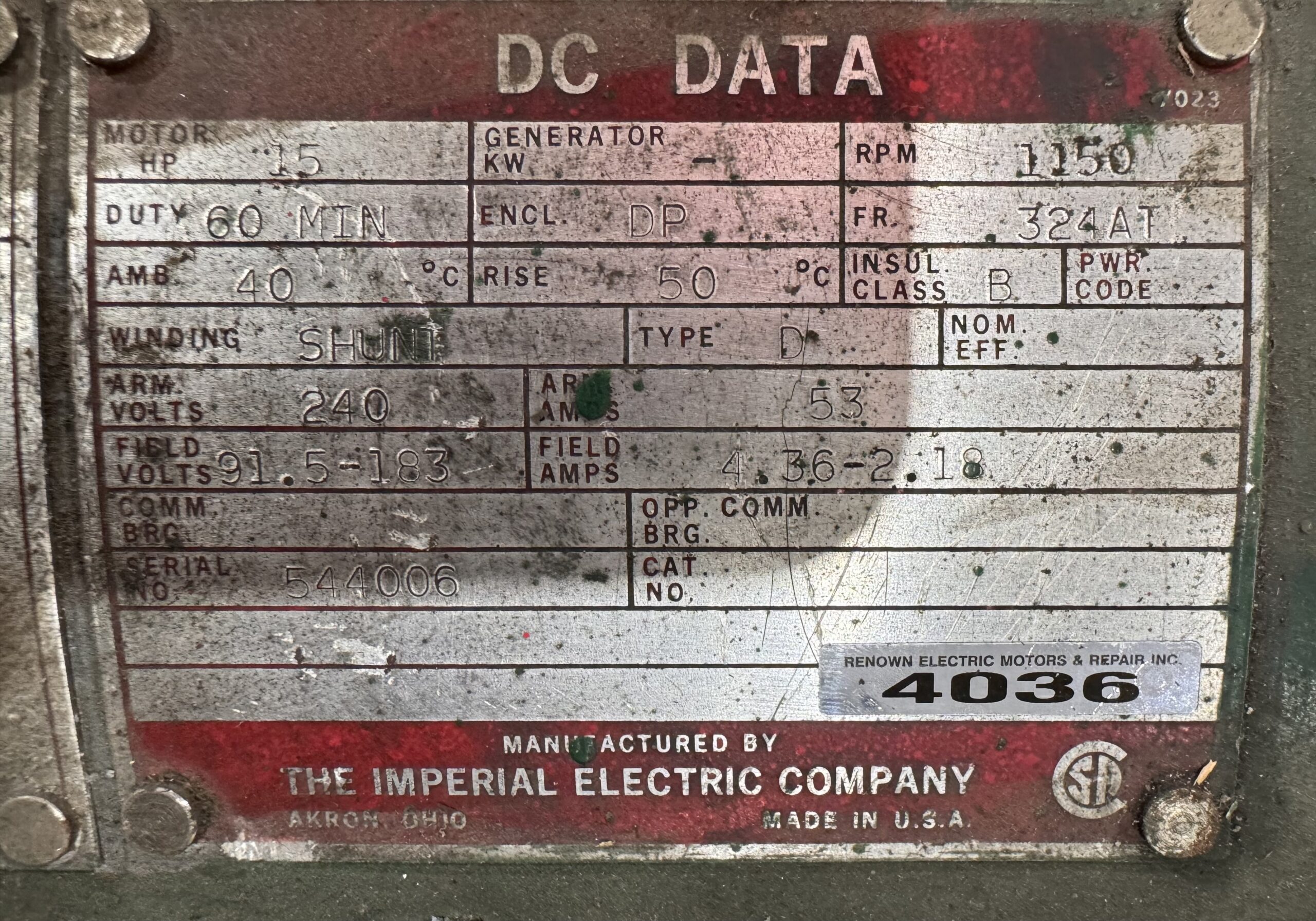 Imperial 15HP DC Hoist Motor 1150RPM 324AT #4036 - Image 2