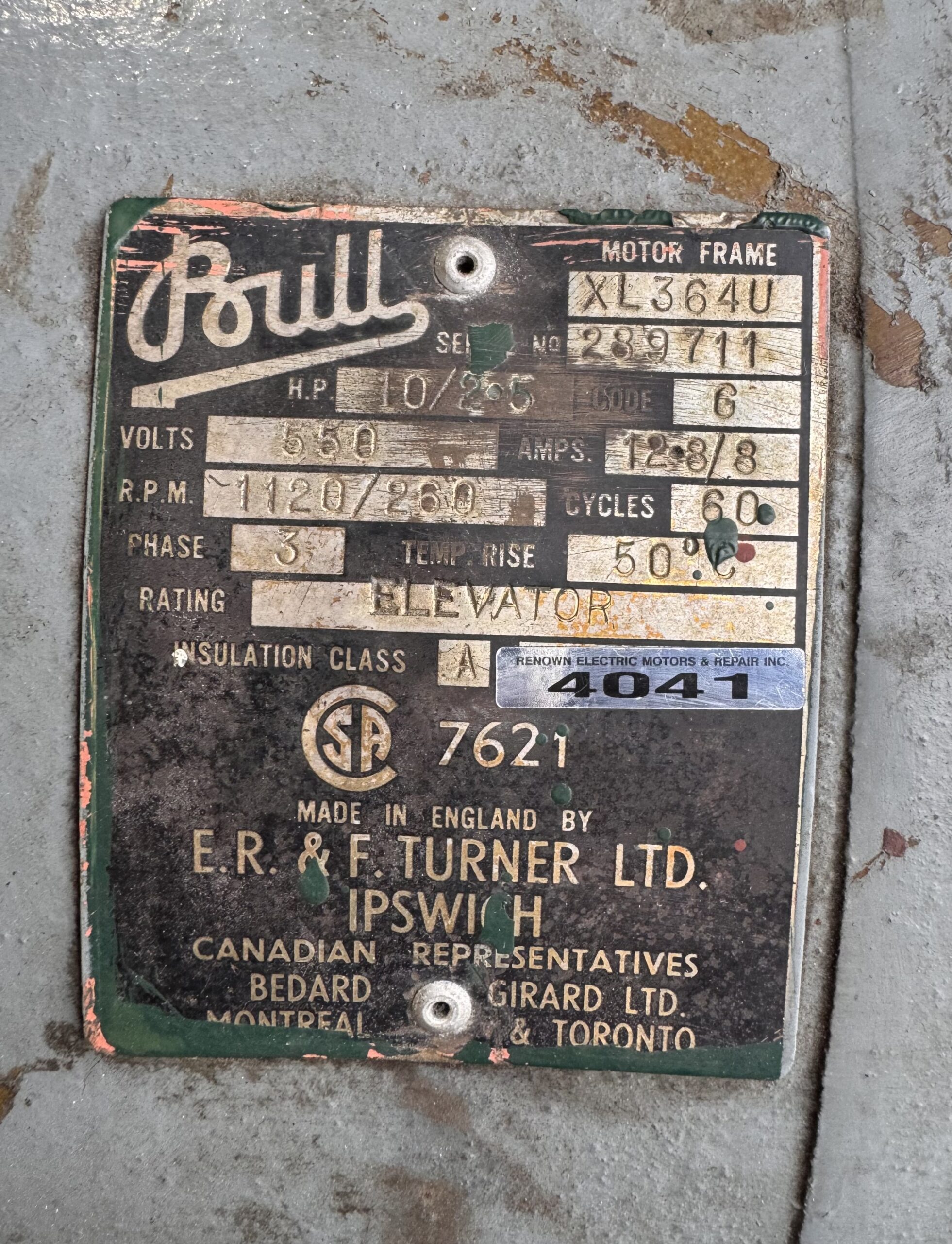 Bull 2 Speed AC Hoist Motor 10/2.5HP 1120/260RPM XL364U #4041 - Image 3