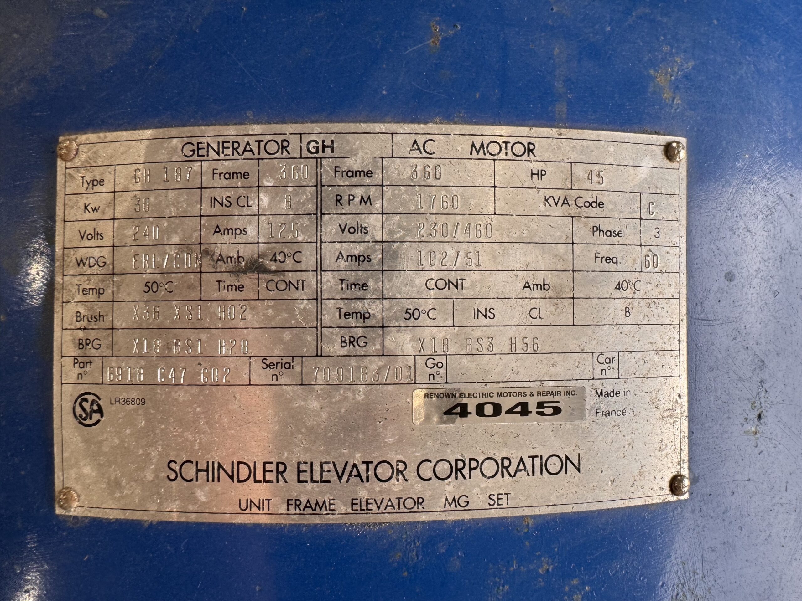Schindler Generator 45HP 30KW 1760RPM 360 #4045 - Image 2
