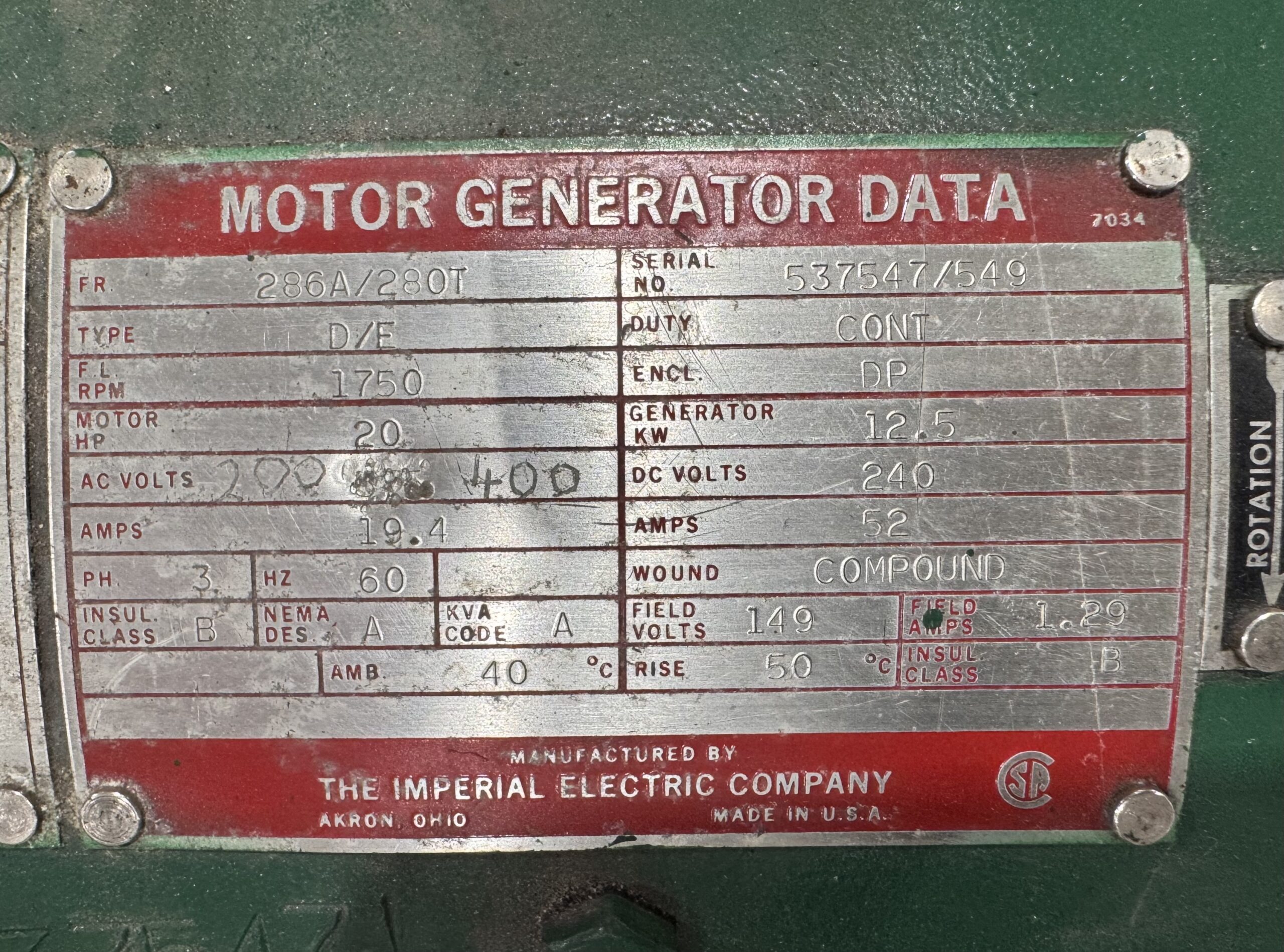 Imperial Generator 20HP 12.5KW 1750RPM 286A/280T P.O.146 - Image 2