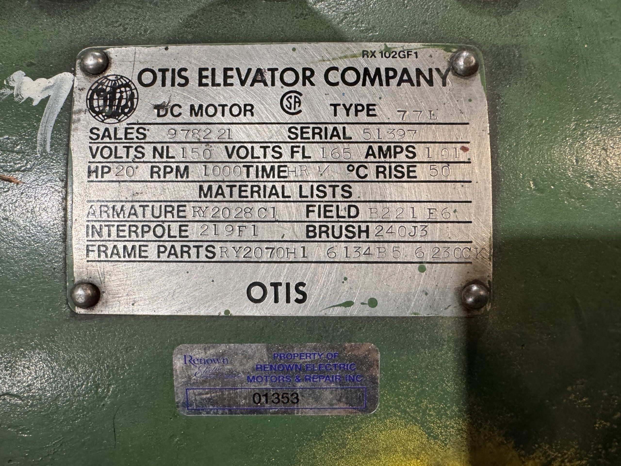 Otis DC Hoist 20HP 1000RPM 165V 101A 77L #01353 - Image 2