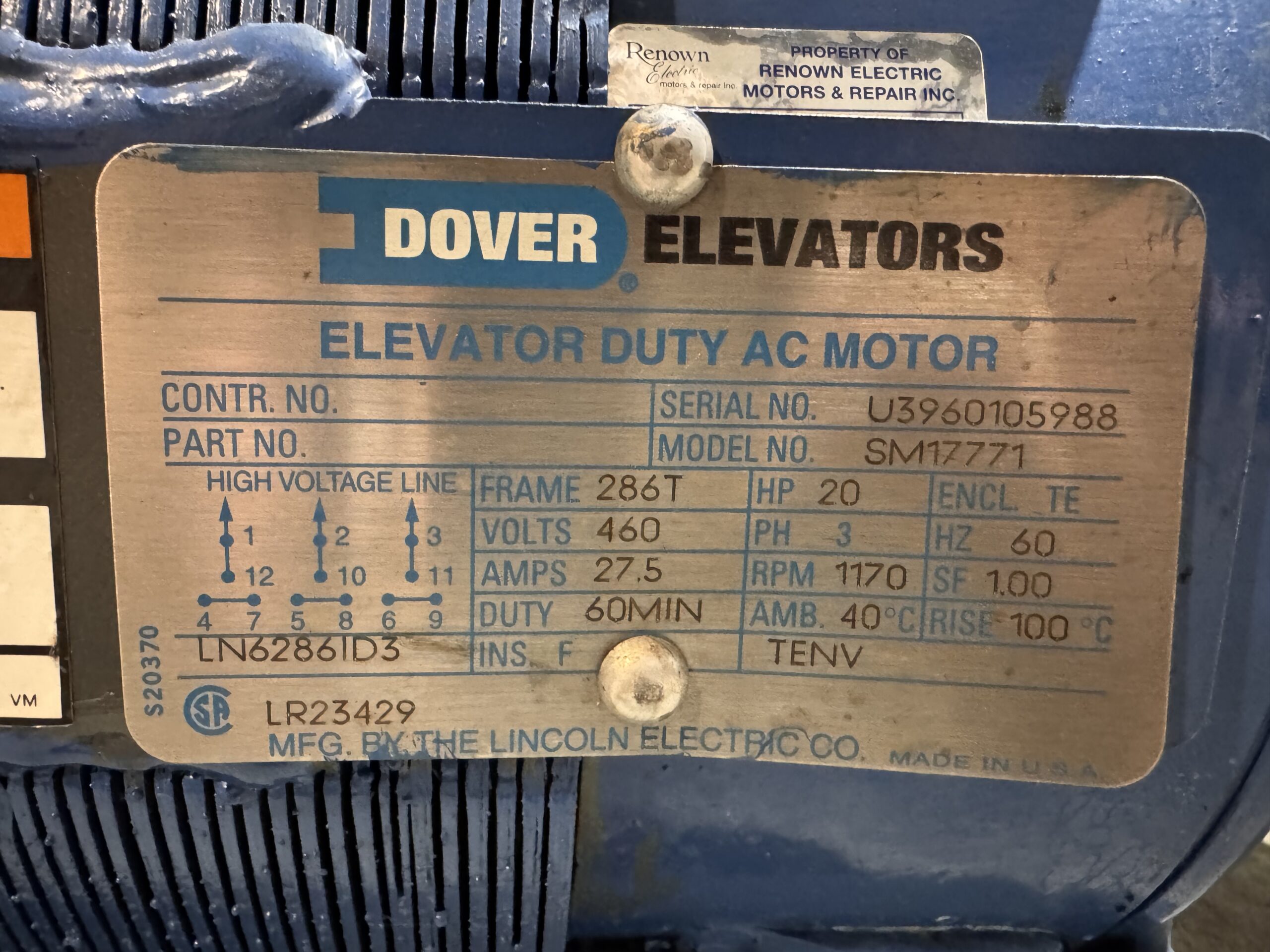 Dover AC Hoist 20HP 1170RPM 460V 27.5A 286T #01354 - Image 2