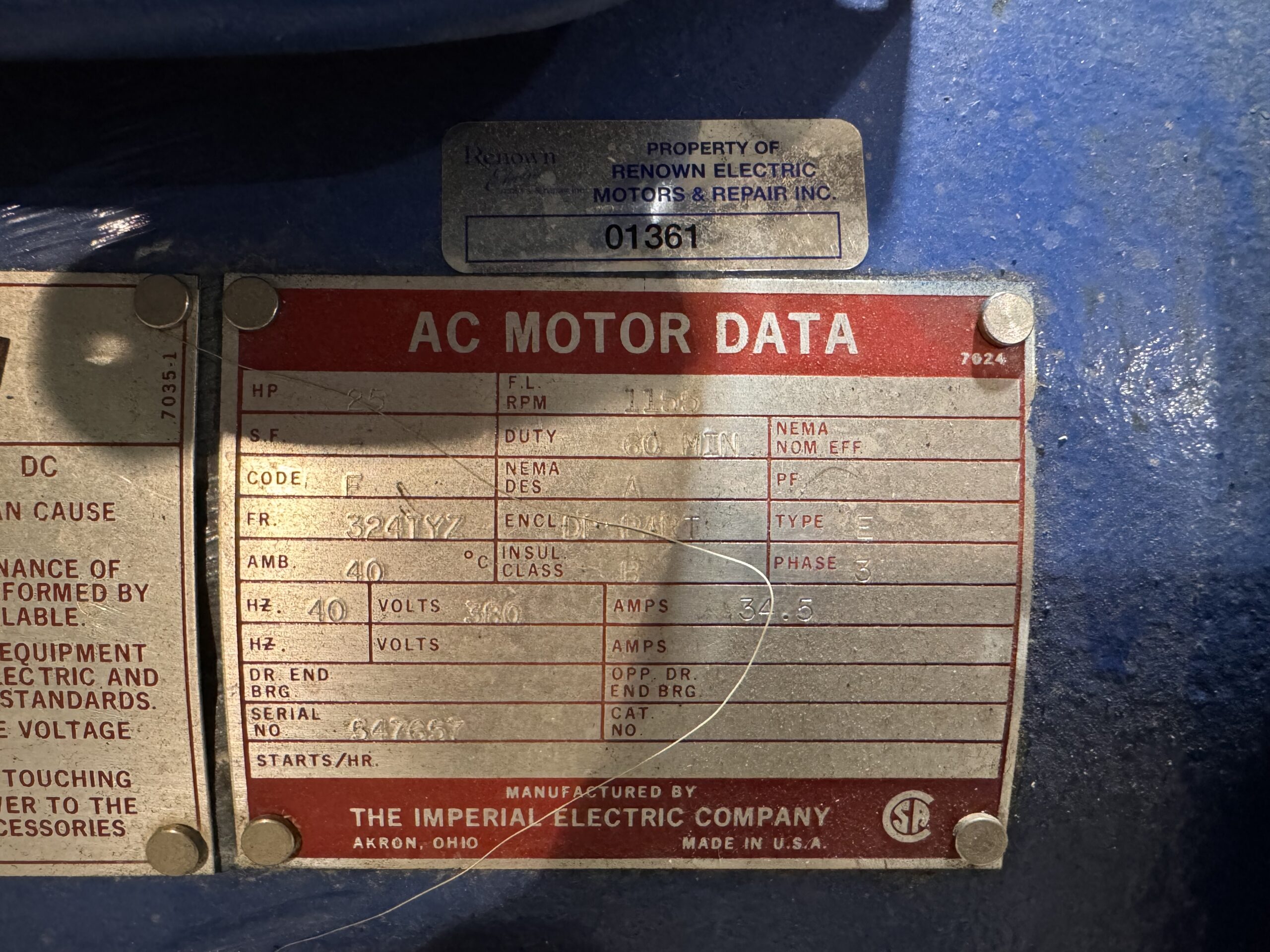 Imperial AC Hoist 25HP 1155RPM 380V 324TYZ #01361 - Image 2