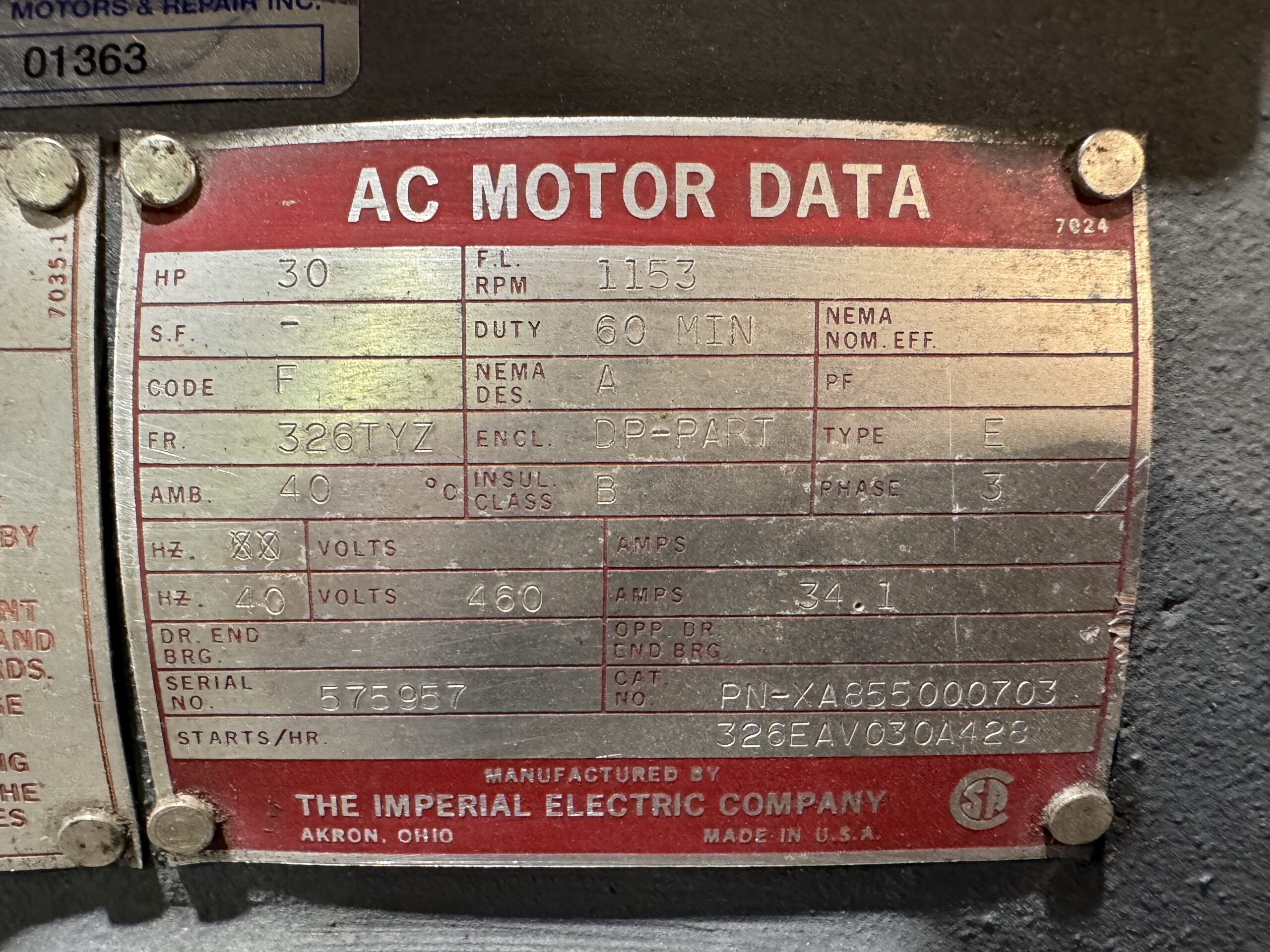 Imperial AC Hoist 30HP 1153RPM 460V 34.1A 326TYZ #01363 - Image 2