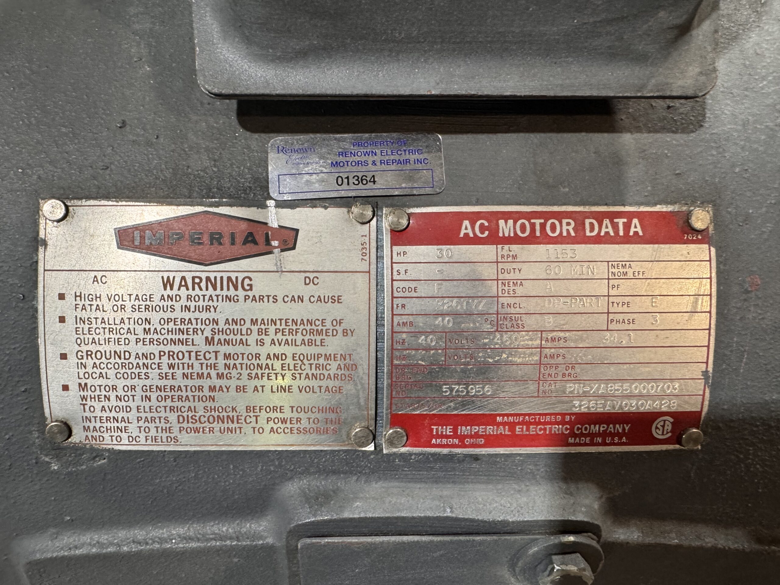 Imperial AC Hoist 30HP 1153RPM 460V 34.1A 326TYZ #01364 - Image 2