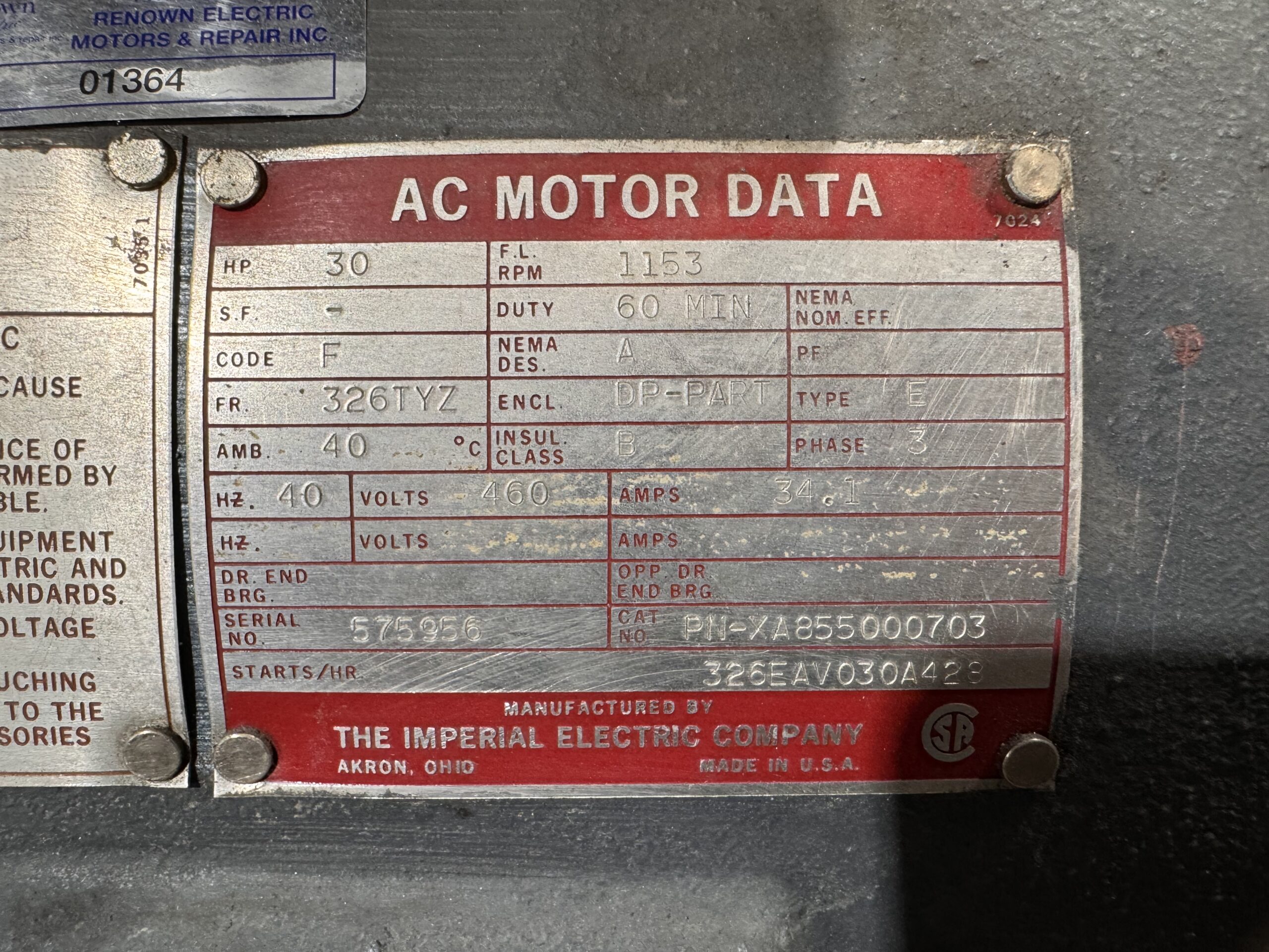 Imperial AC Hoist 30HP 1153RPM 460V 34.1A 326TYZ #01364 - Image 3