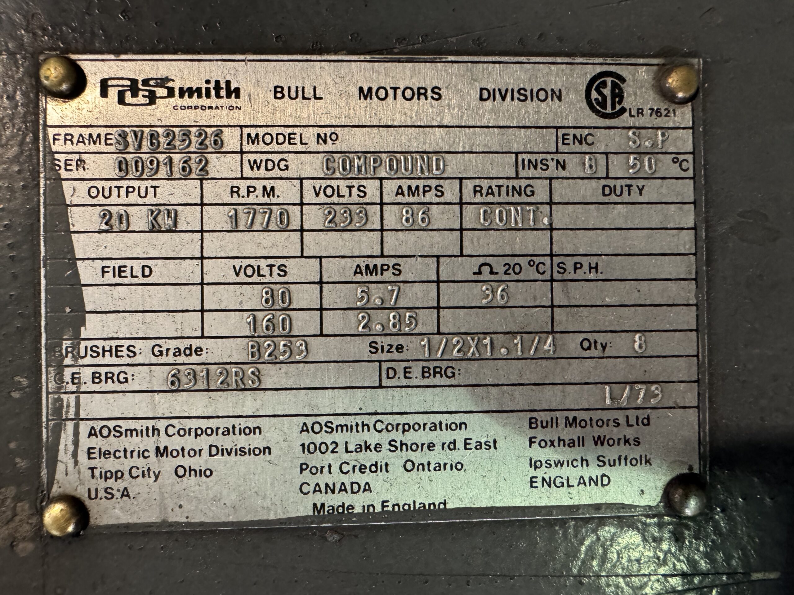 AO Smith MG Set 30HP 20KW 1770RPM SVG2526 #01376 - Image 3