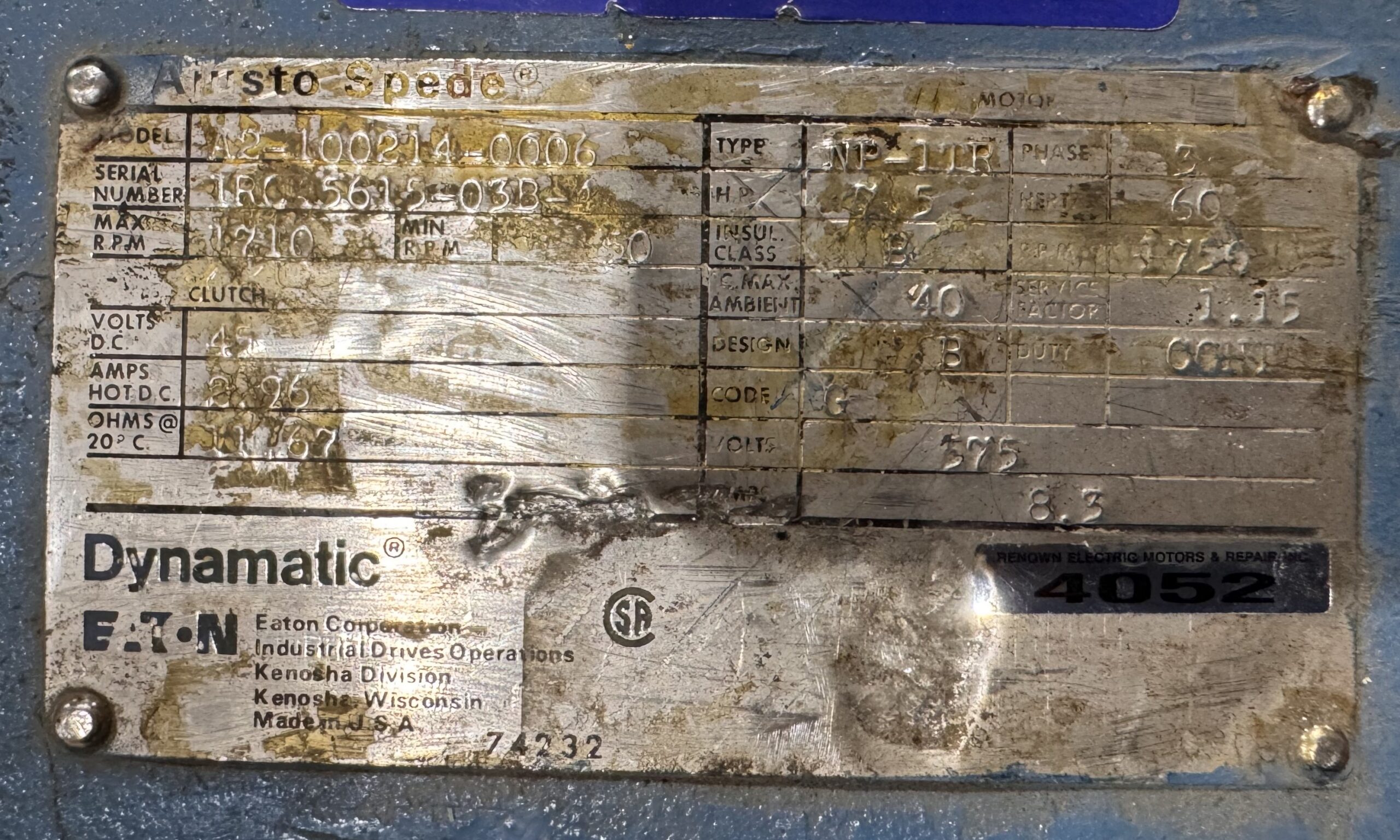 Dynamitic Eddy Current 7.5HP 1756RPM 575V #4052 - Image 2