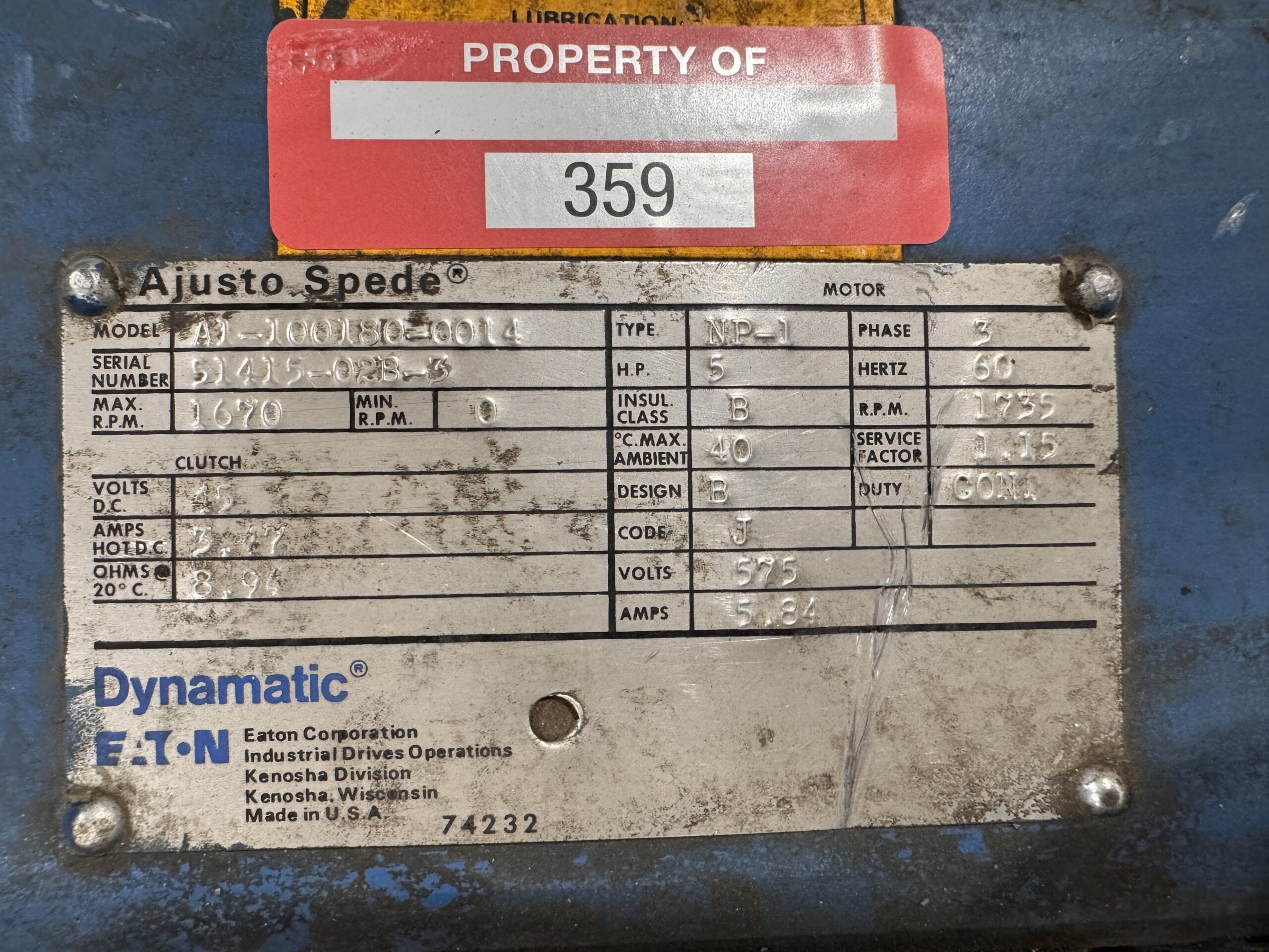Dynamatic Eddy Current 5HP 575V 45vdc P.O.359 - Image 2
