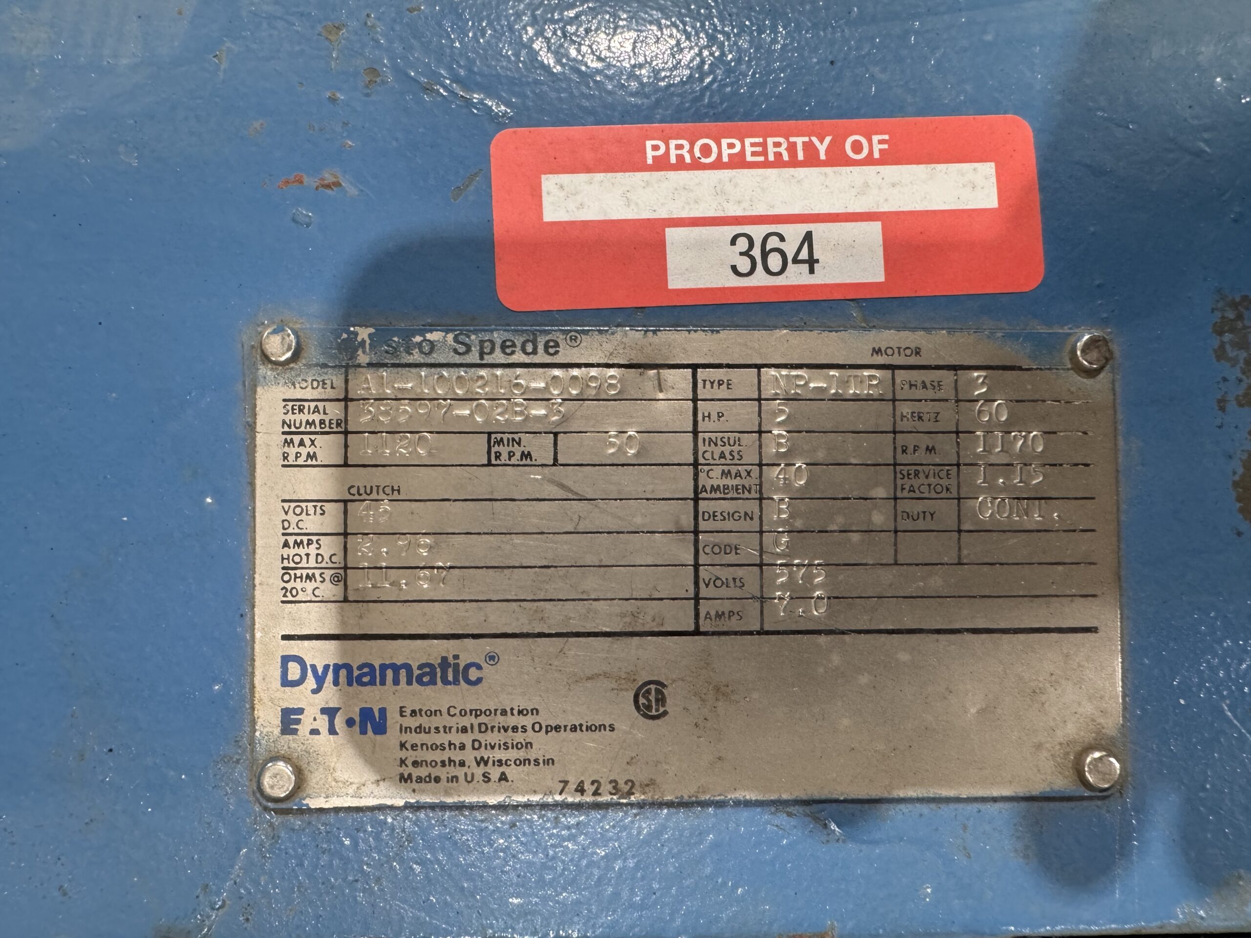 Dynamatic Eddy Current 5HP 1170RPM 575V 7Amps P.O.364 - Image 2