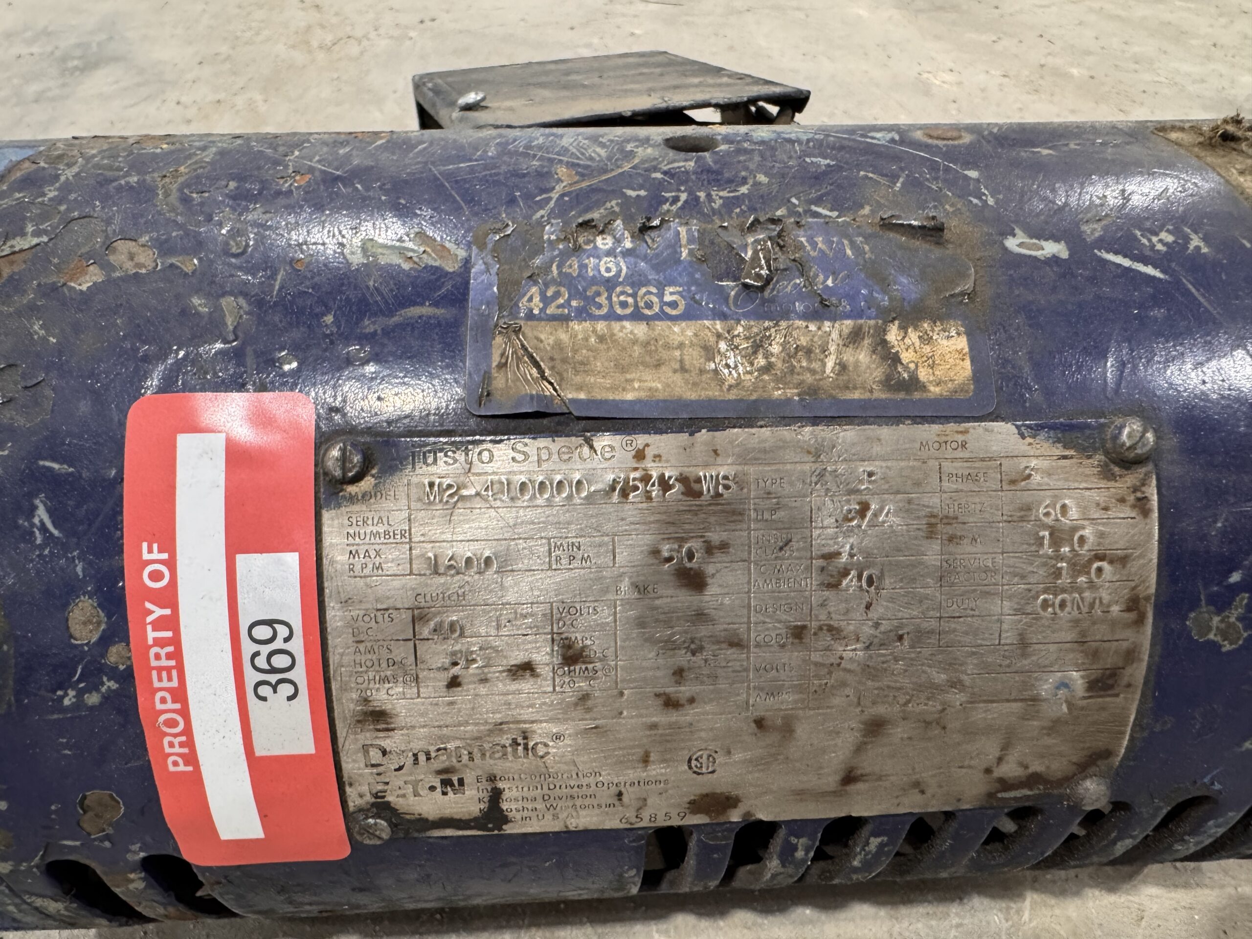 Dynamatic Eddy Current 3/4HP 1600RPM P.O.369 - Image 2