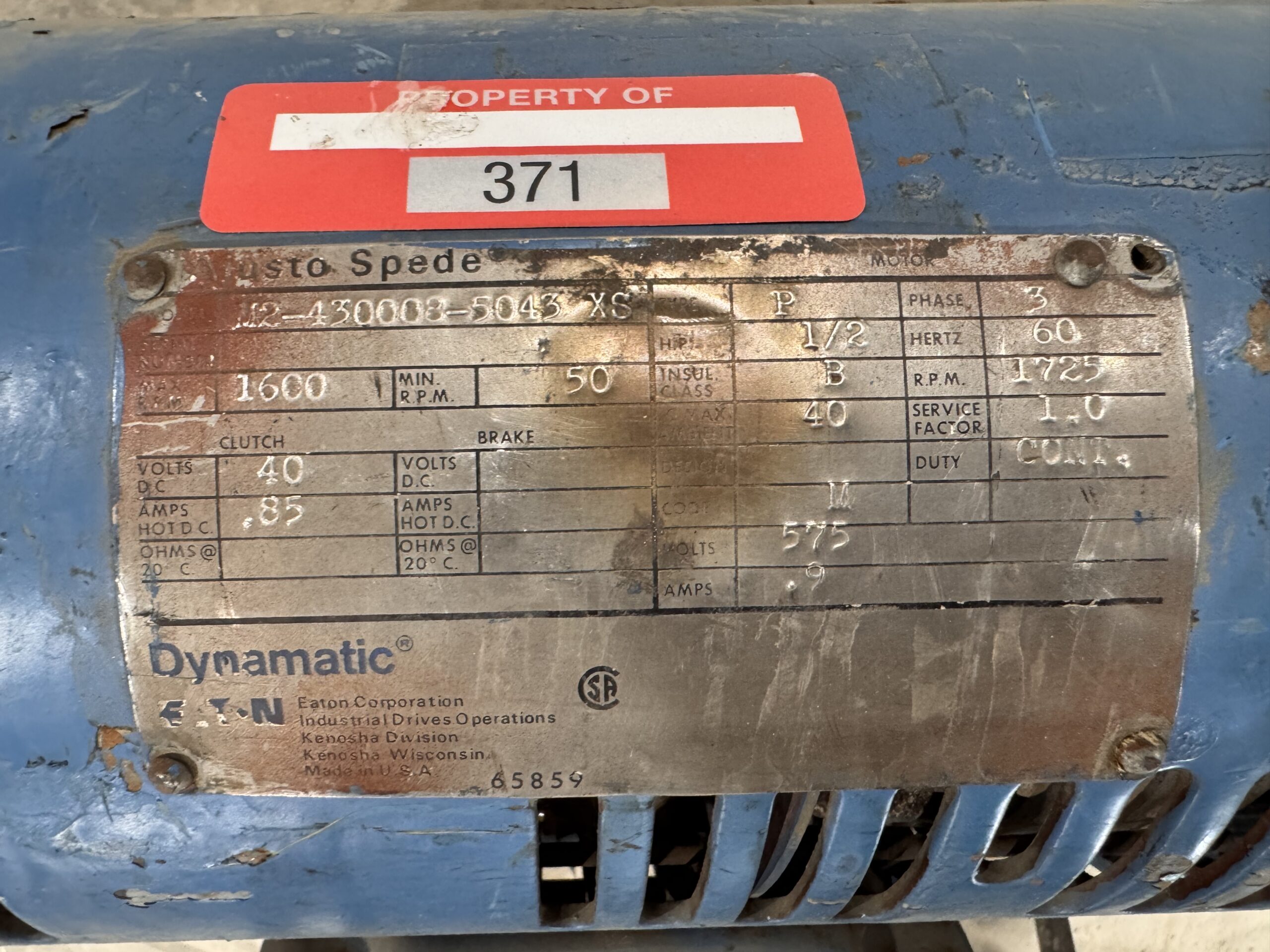 Dynamatic Eddy Current 1/2HP 1725RPM 575V 0.9A P.O.371 - Image 2