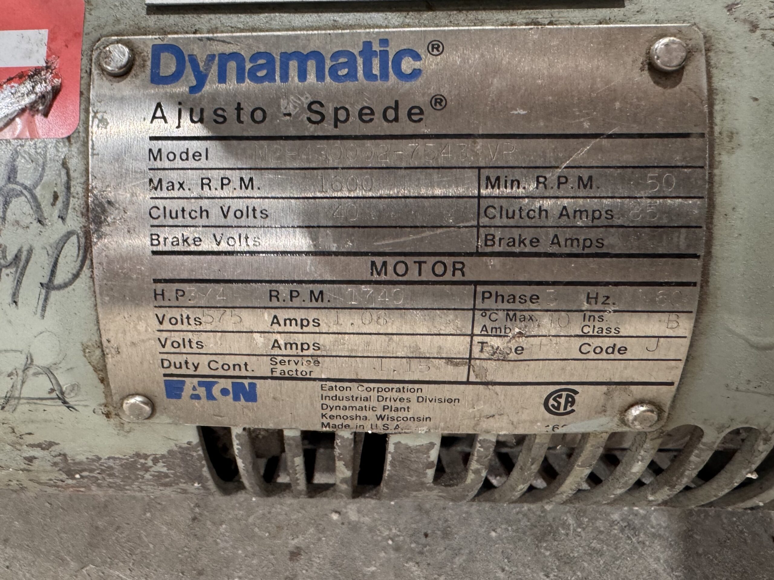 Dynamatic Eddy Current 3/4HP 1740RPM 575V 1.08A P.O.372 - Image 2
