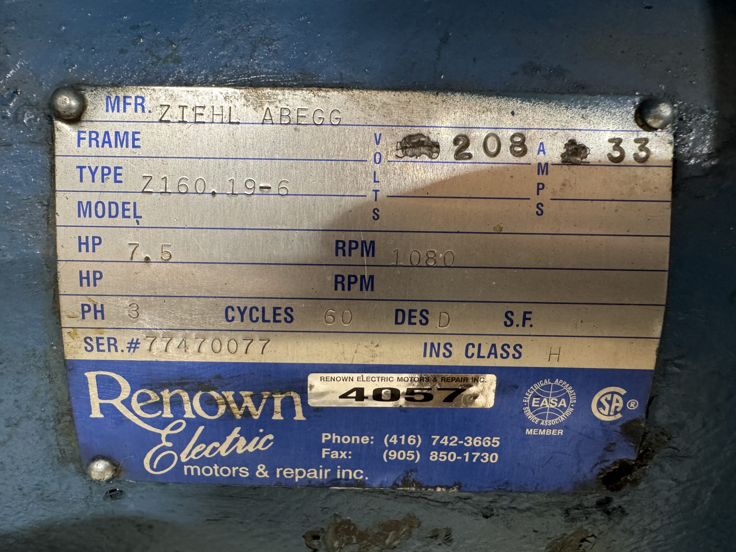Ziehl Abegg AC 7.5HP 1080RPM 208V 33A #4057 - Image 2