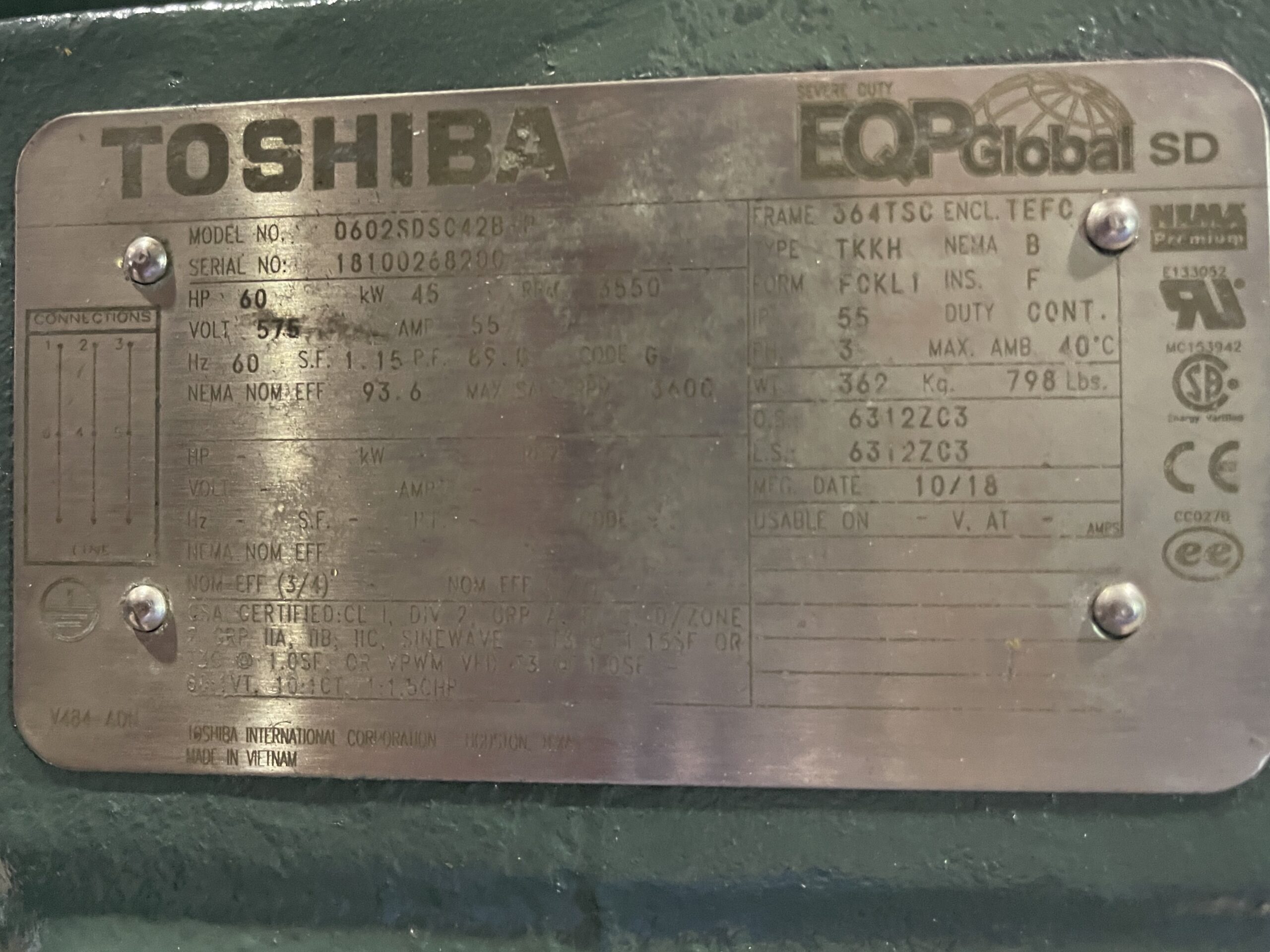 Toshiba AC Industrial 60HP 575V 3550RPM 354TSC #2105 - Image 2
