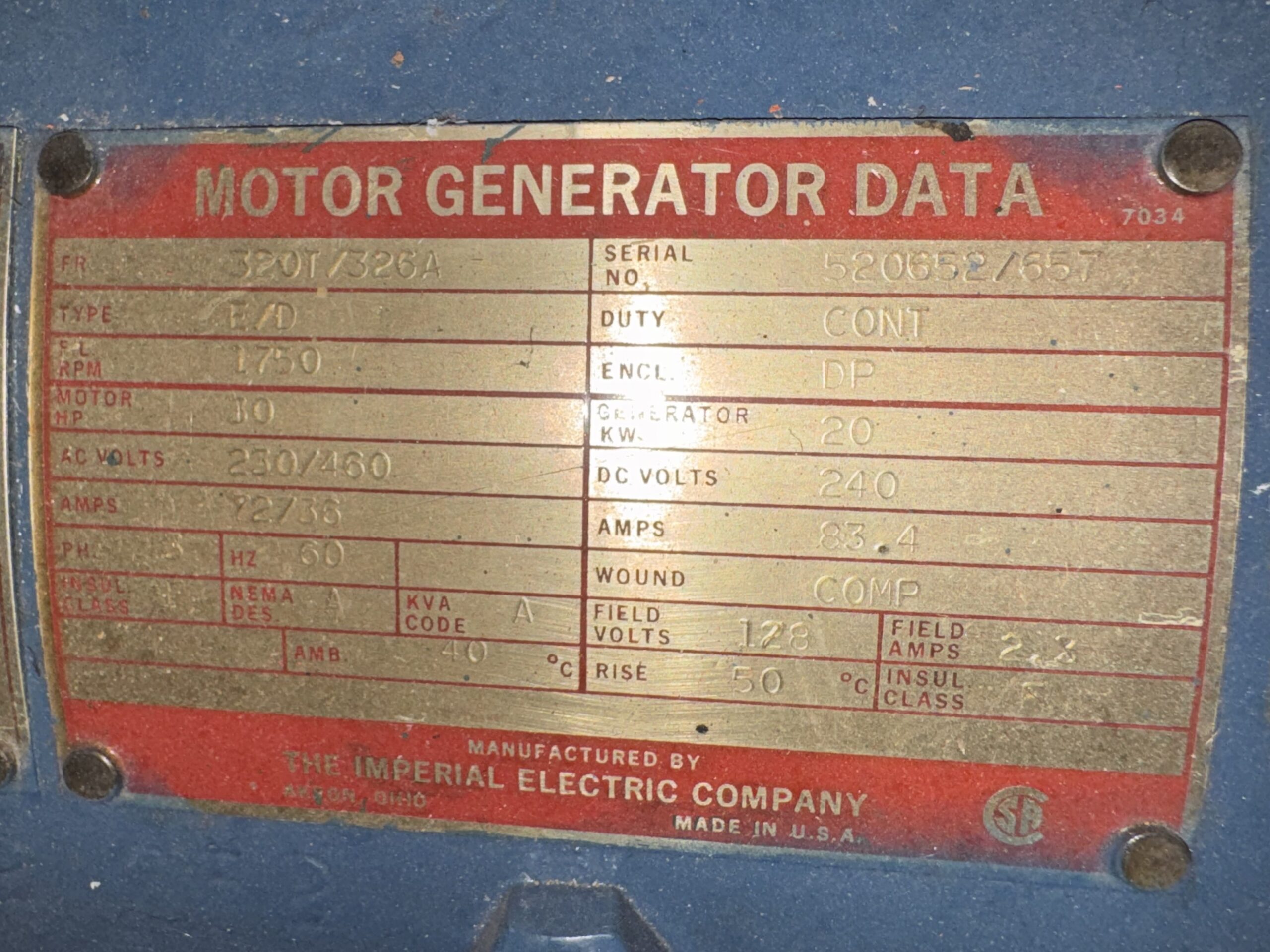 Imperial MG Set 30HP 20KW 1750RPM 320T/326A #221594 - Image 2