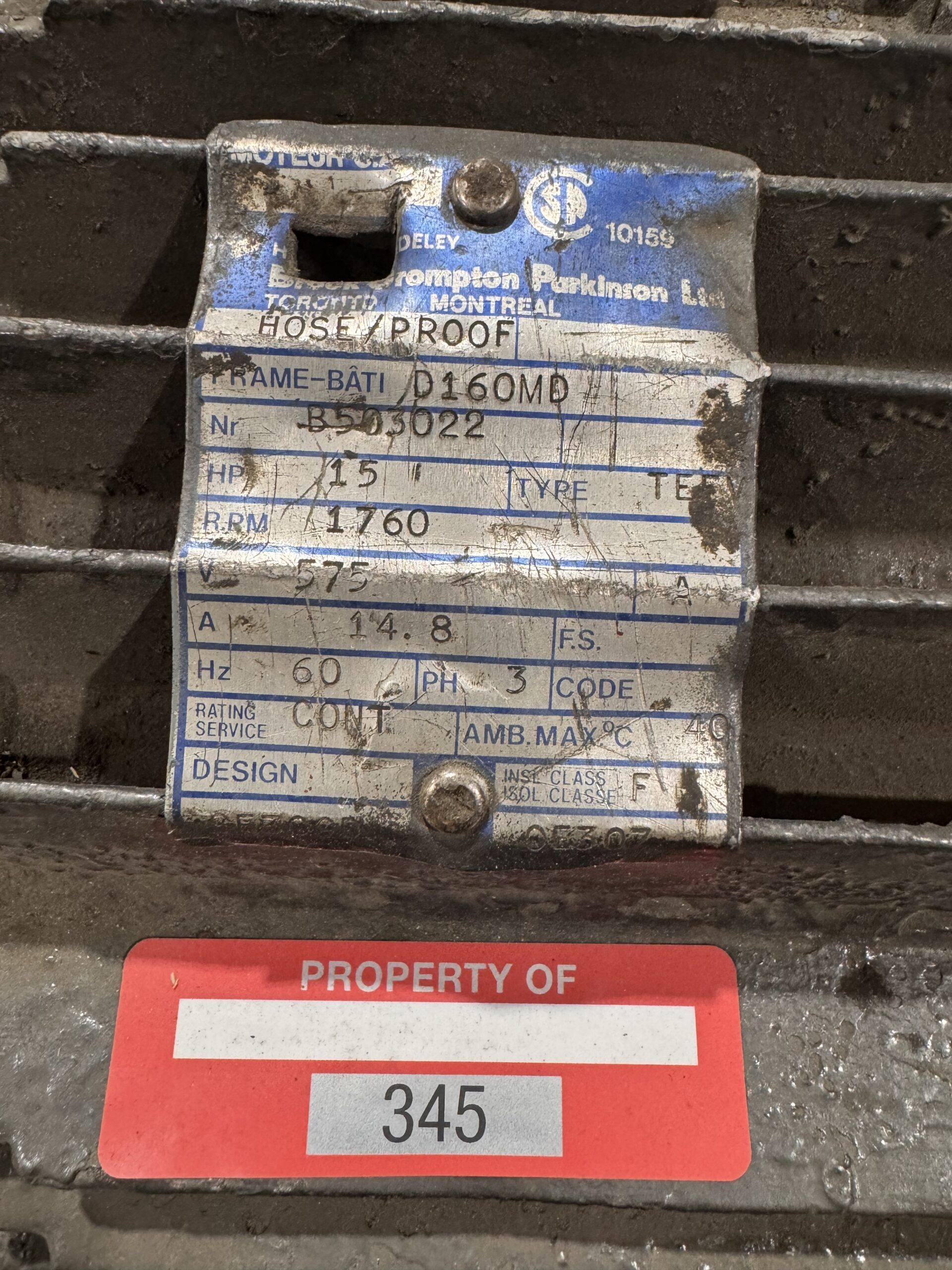 Brook Dynamatic 15HP 1760RPM 575V 14.8A D160MD P.O.345 - Image 2