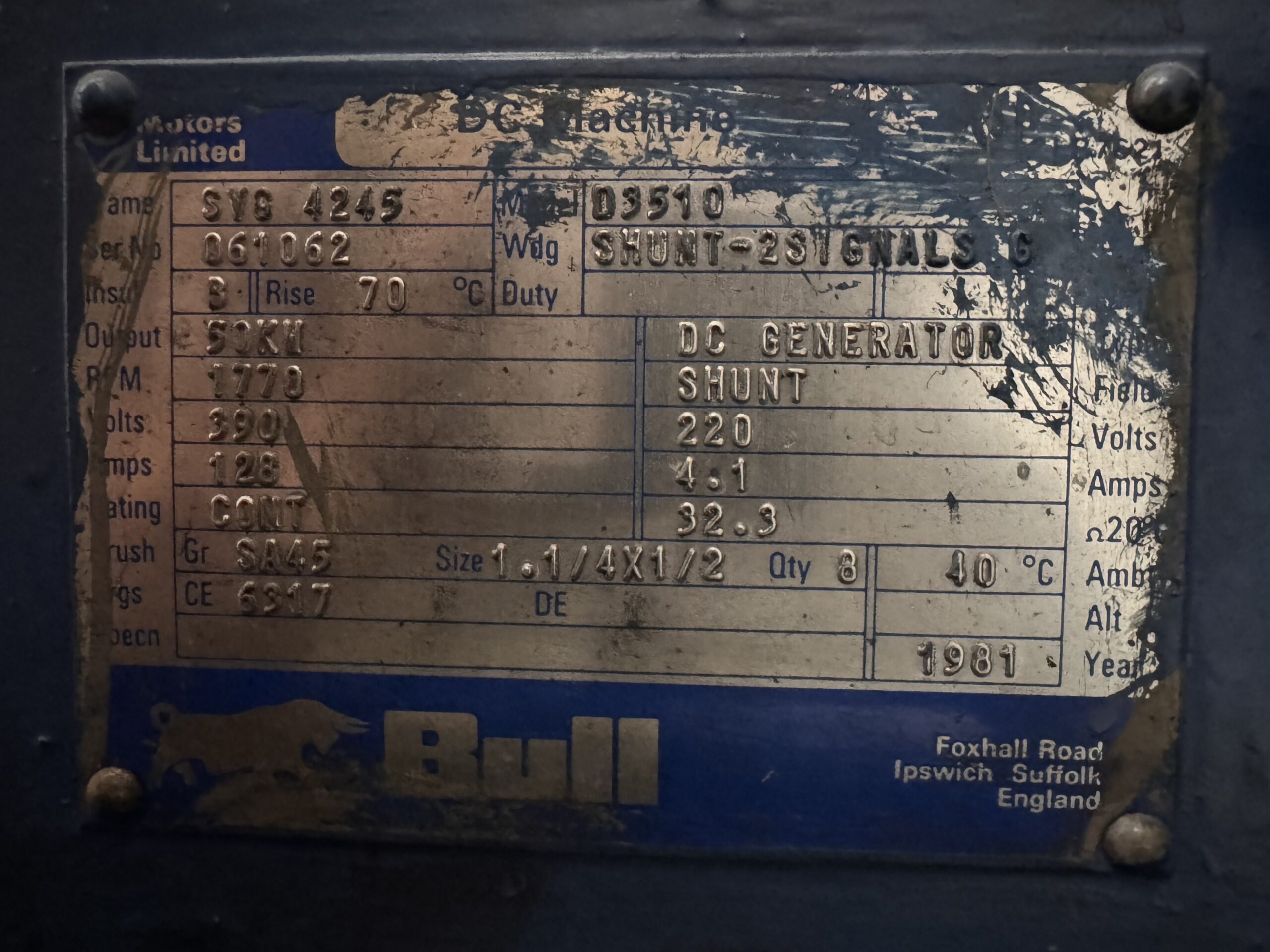 Bull MG Set 70HP 53KW 1770RPM SVG 4245 P.O.280 - Image 3