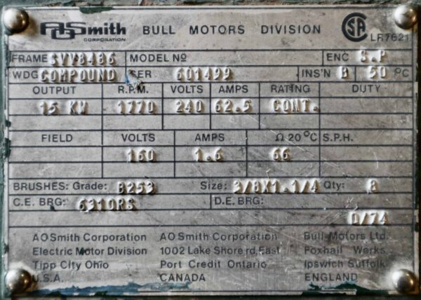 AO Smith/Bull Generator 25HP 15KW 1770RPM SVV8486 #301 - Image 6