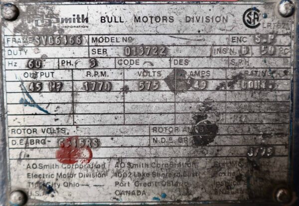 AO Smith/Bull Generator 45HP 30KW 1770RPM SVG6466 #373 - Image 2