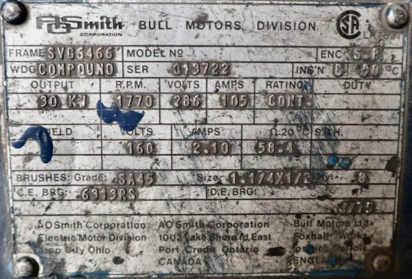 AO Smith/Bull Generator 45HP 30KW 1770RPM SVG6466 #373 - Image 3