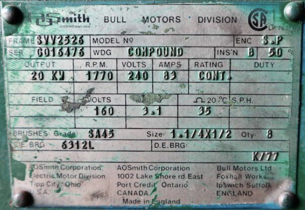 AO Smith/Bull Generator 30HP 20KW 1770RPM SVV2526 #325 - Image 5