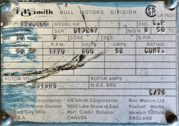 AO Smith/Bull Generator 50HP 30KW 1770RPM SVG6466 #333 - Image 2