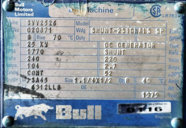 Bull Generator 37.5HP 25KW 1770RPM SVV2526 #0116 - Image 2