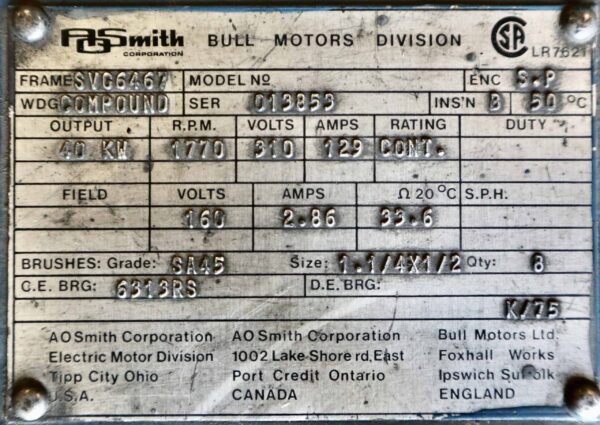 AO Smith/Bull Generator 60HP 40KW 1770RPM SVG6467 #336 - Image 3