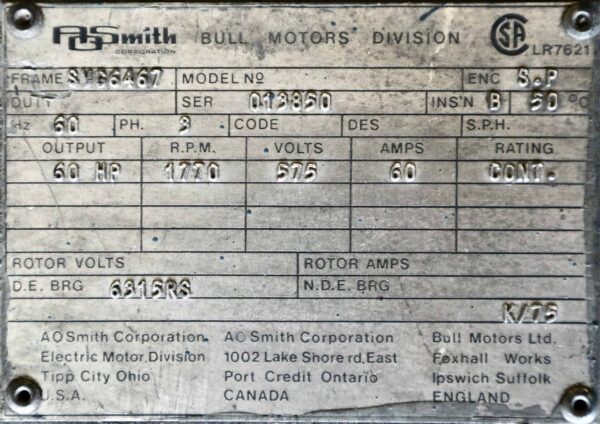 AO Smith/Bull Generator 60HP 40KW 1770RPM SVG6467 #338 - Image 2
