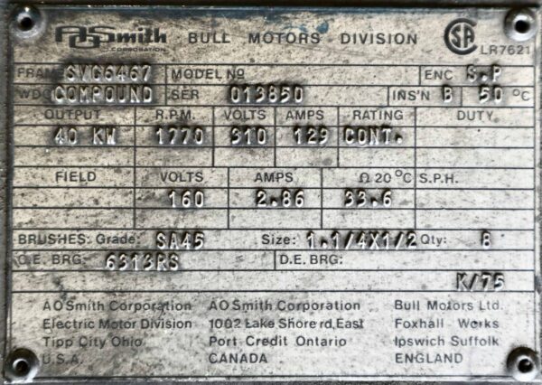 AO Smith/Bull Generator 60HP 40KW 1770RPM SVG6467 #338 - Image 7