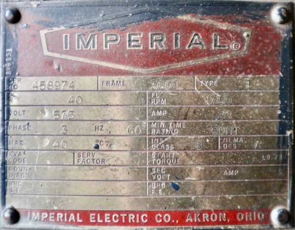 Imperial Electric Generator 40HP 25KW 1750RPM 360T/366A #353 - Image 2