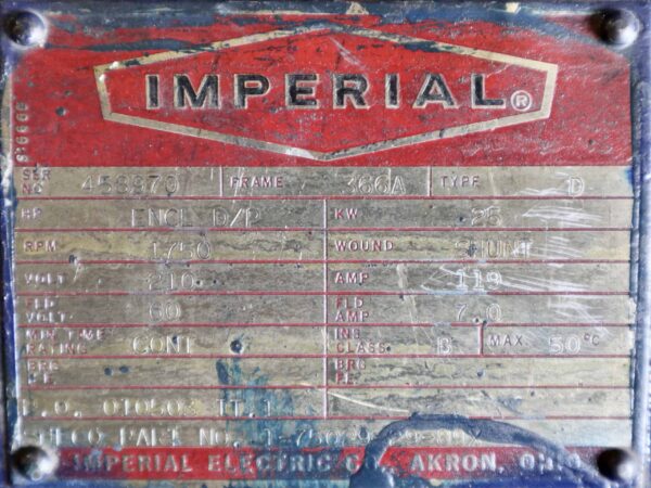 Imperial Electric Generator 40HP 25KW 1750RPM 360T/366A #352 - Image 2