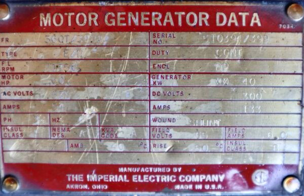 Imperial Electric Generator 60HP 40KW 1750RPM 360T/368A #356 - Image 2