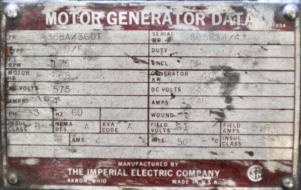 Imperial Electric Generator 60HP 40KW 1750RPM 368A/360T #355 - Image 2