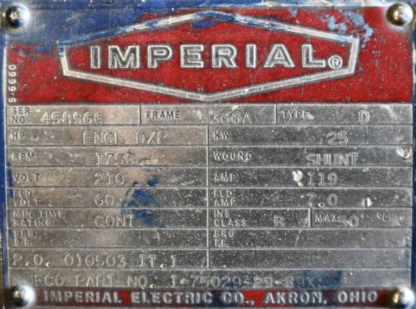 Imperial Electric Generator 40HP 25KW 1750RPM 360T/366A #354 - Image 2
