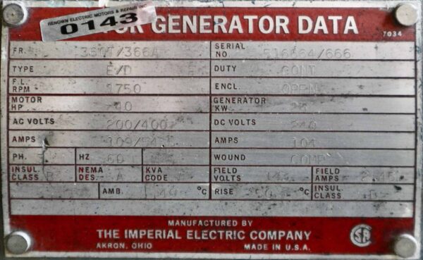 Imperial Electric Generator 40HP 25KW 1750RPM 360T/366A #0143 - Image 2