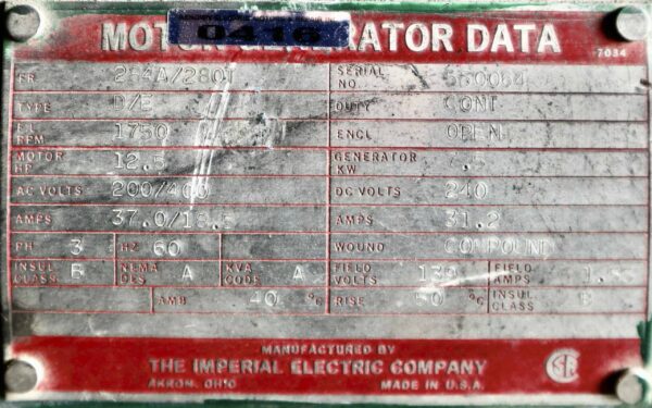 Imperial Electric Generator 12.5HP 7.5KW 1750RPM 284A #0416 - Image 2