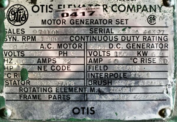 Otis Generator 10HP 6KW 1800RPM 60ES/63GA #0417 - Image 6