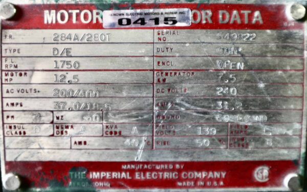 Imperial Electric General 12.5HP 7.5KW 1750RPM 284A #0415 - Image 2