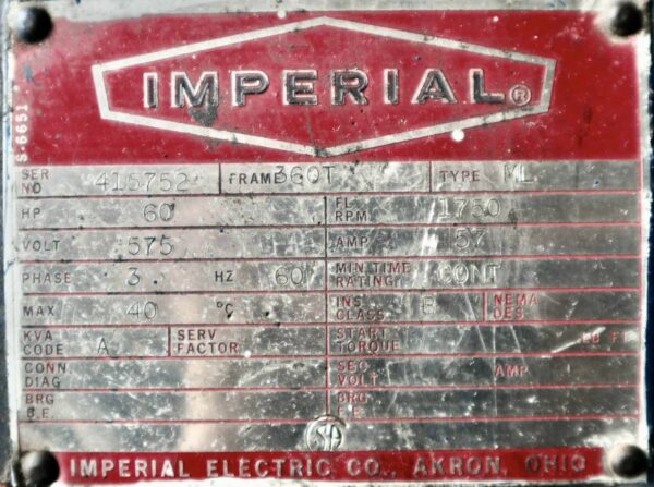 Imperial Electric Generator 60HP 40KW 1750RPM 360T/368A #0410 - Image 2