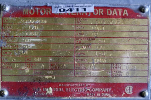 Imperial Electric Generator 60HP 40KW 1750RPM 368A/360T #0411 - Image 2