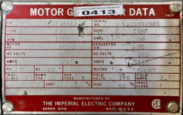 Imperial Electric Generator 40HP 25KW 1750RPM 360T/366A #0413 - Image 2