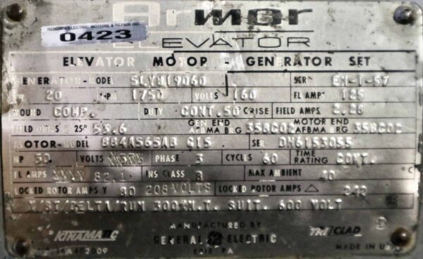 General Electric Generator 30HP 20KW 1750RPM #0423 - Image 2
